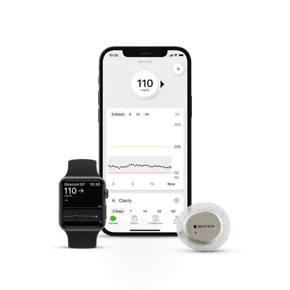 Dexcom continuous glucose monitoring system with sensor, smartphone app, and smartwatch display