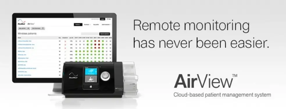 ResMed AirView remote patient monitoring system display with CPAP machine