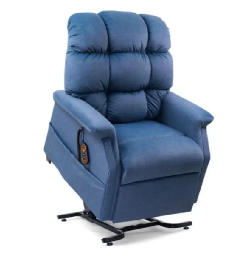 Blue power lift recliner in a lifted position