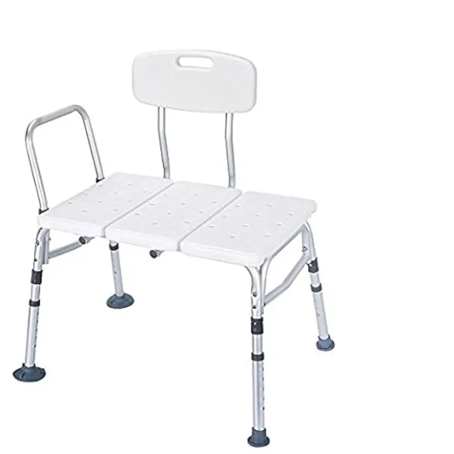 Adjustable white shower transfer bench with aluminum legs