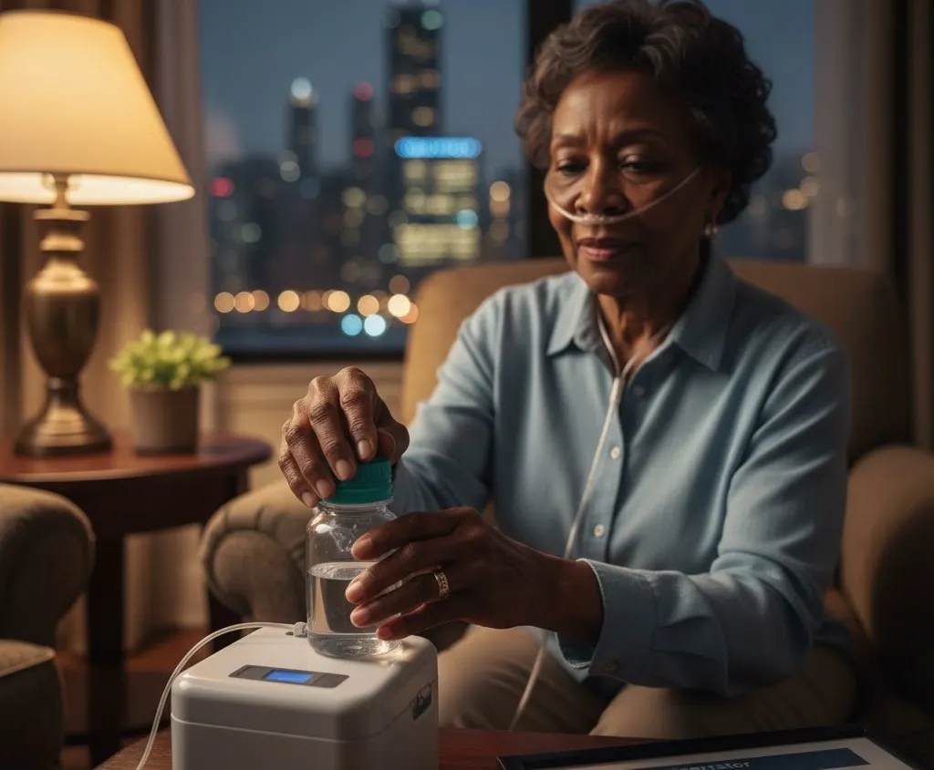 A woman at home confidently checking the connection on oxygen tubing representing independent home oxygen care and troubleshooting