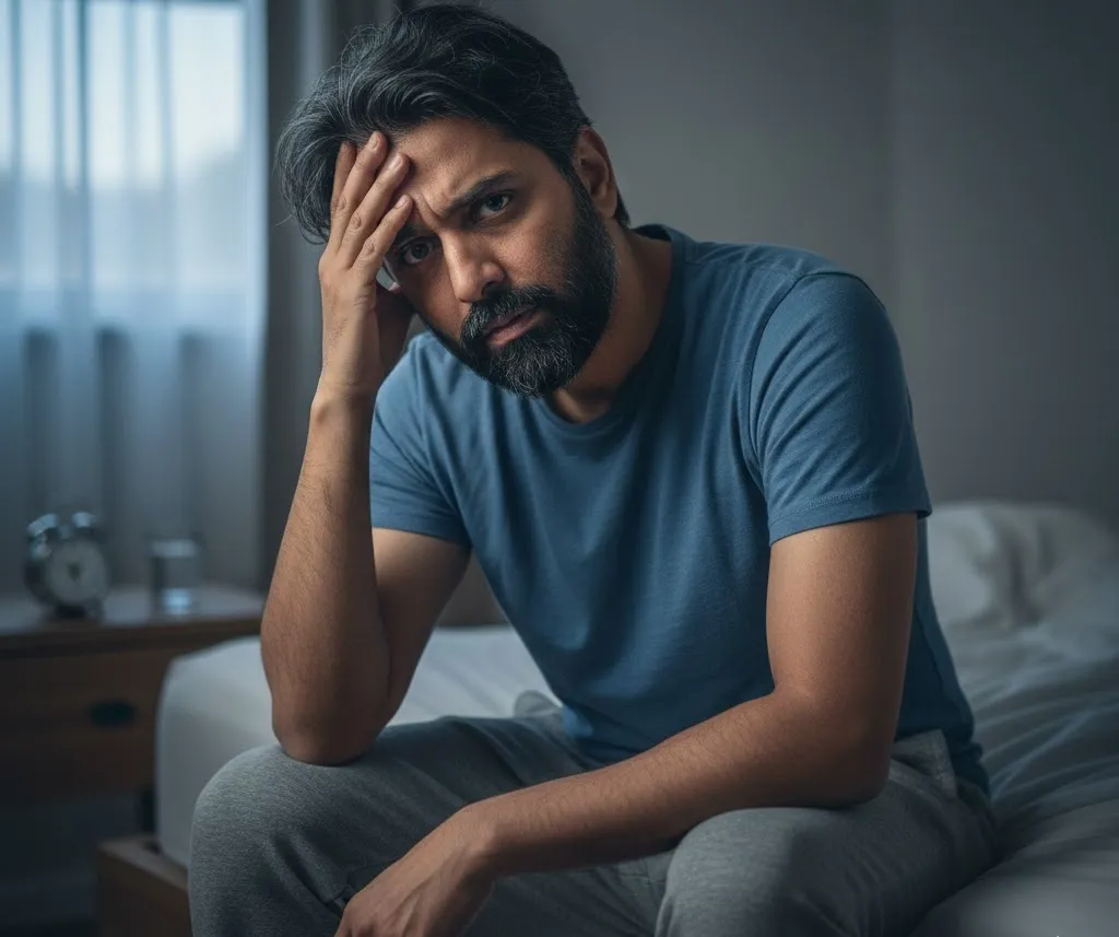 Man waking up tired and restless