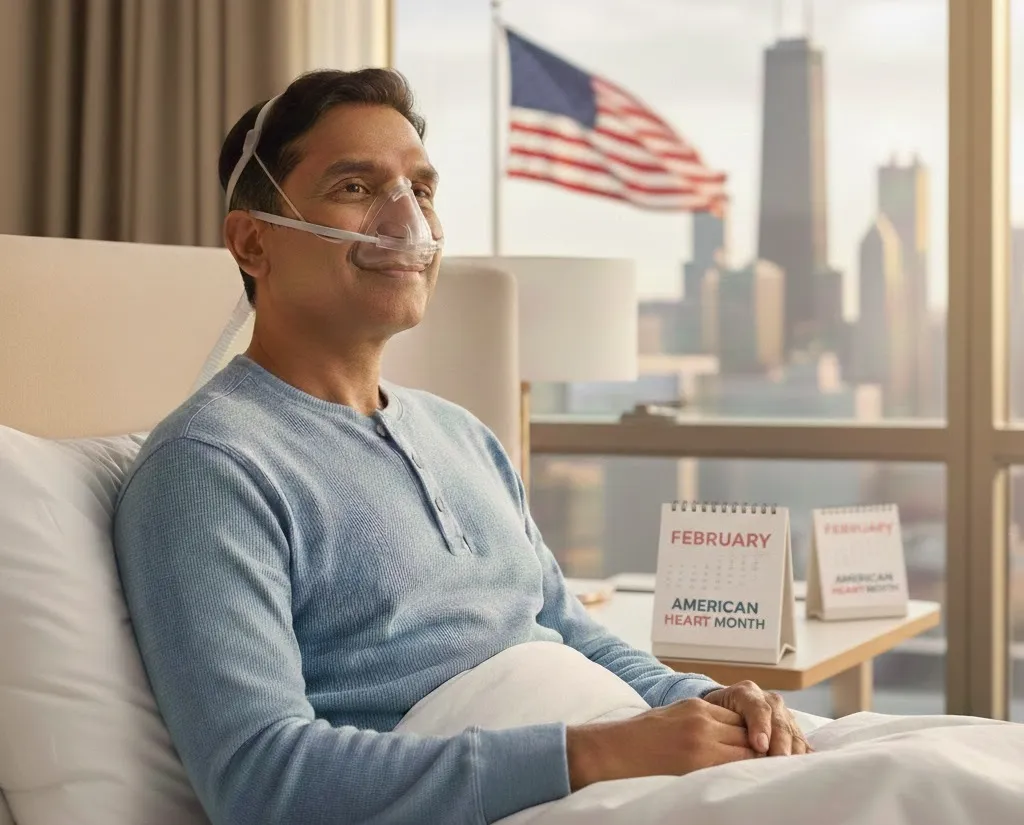 A man in a Chicago high-rise bedroom smiles while wearing a modern CPAP nasal mask. On the bedside table, a large calendar prominently displays "February American Heart Month."