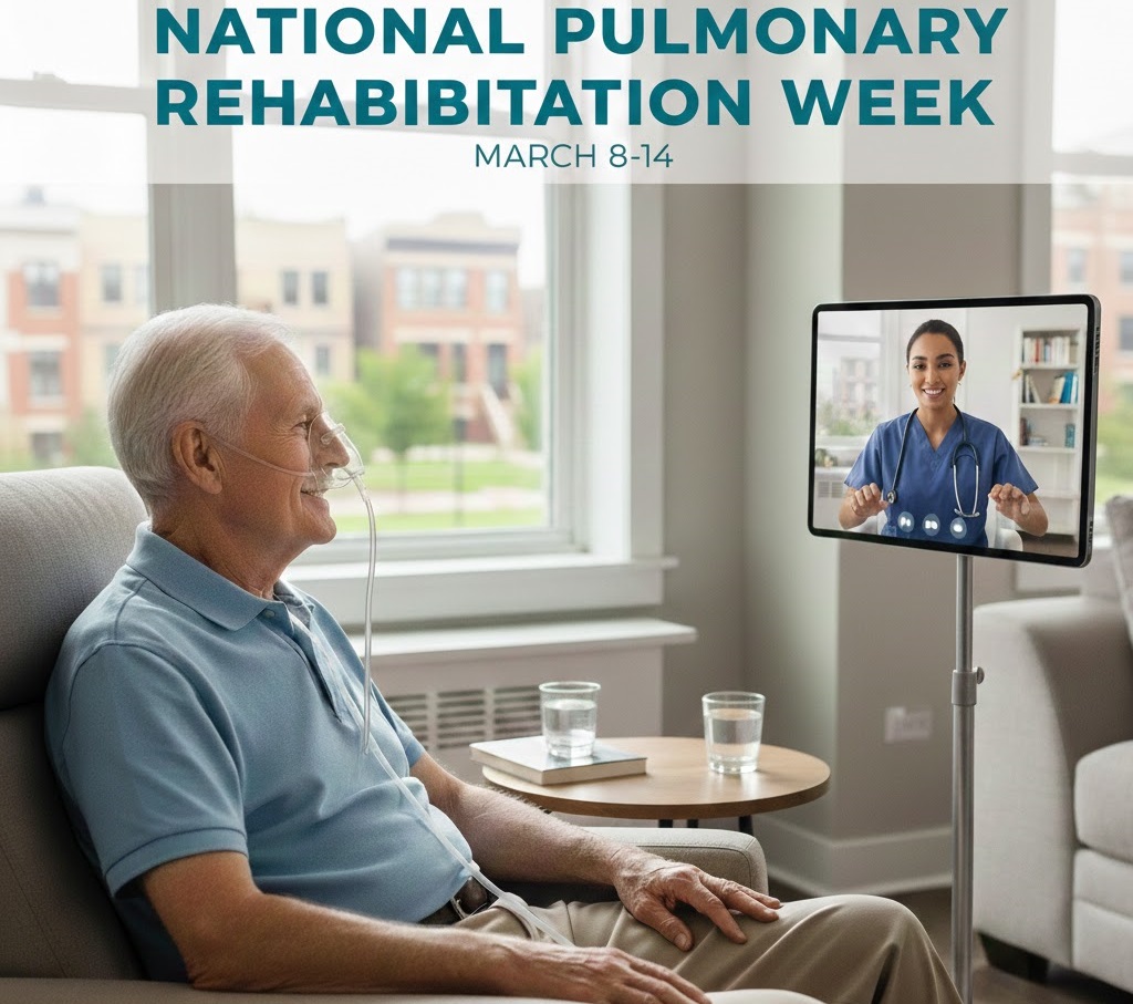 An elderly man sitting comfortably in a home setting in Chicago, wearing a nasal oxygen mask and looking directly at a digital tablet screen during a virtual pulmonary rehabilitation session. On the screen, a female healthcare professional in blue scrubs smiles and gestures, providing respiratory education. The top of the image features a banner reading 'NATIONAL PULMONARY REHABILITATION WEEK MARCH 8–14' against a bright window background.