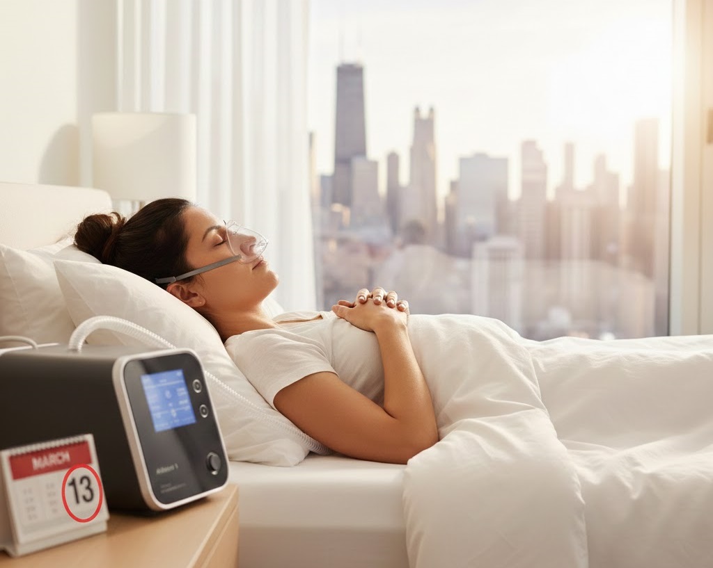A person using a CPAP machine and nasal mask while resting in a bedroom with a Chicago skyline view.