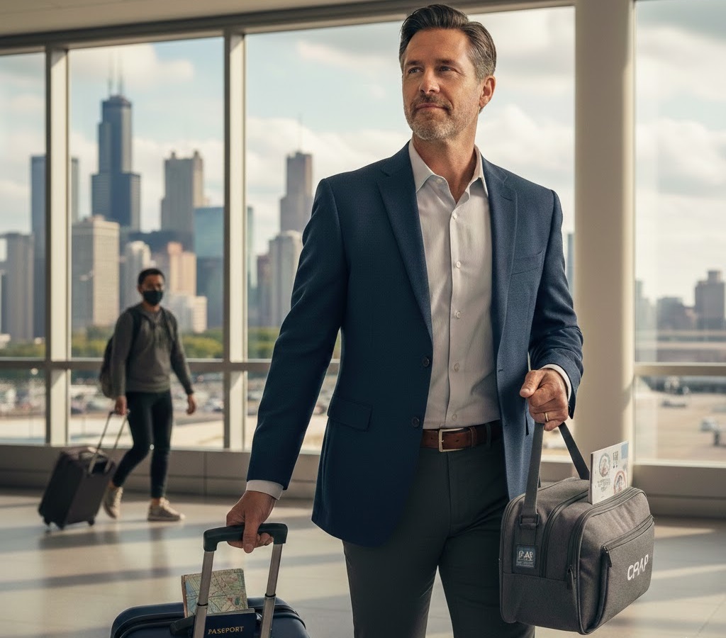 A traveler carrying a CPAP equipment bag through a Chicago airport terminal