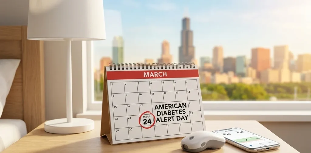 A bedside table in a room overlooking the Chicago skyline, featuring a desk calendar highlighted for American Diabetes Alert Day on March 24, a smartphone displaying a glucose monitoring app, and a sleek CGM device.