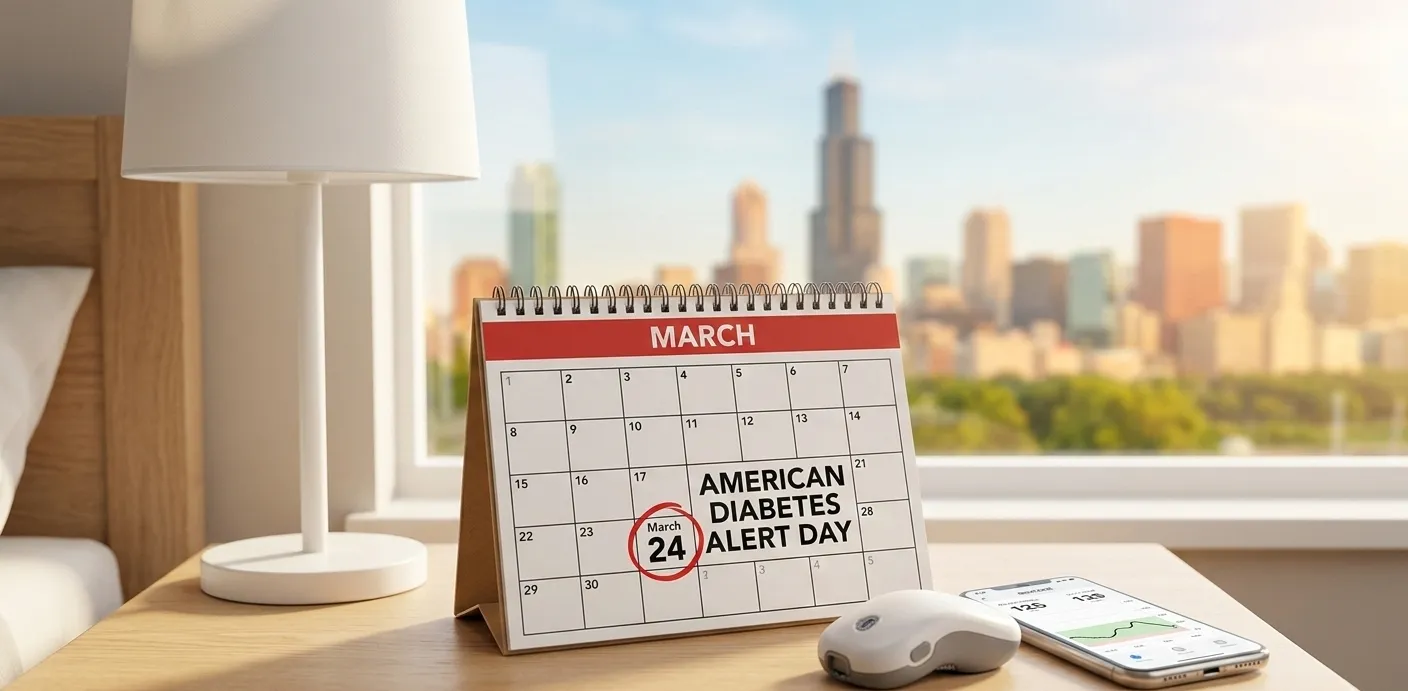 A bedside table in a room overlooking the Chicago skyline, featuring a desk calendar highlighted for American Diabetes Alert Day on March 24, a smartphone displaying a glucose monitoring app, and a sleek CGM device.