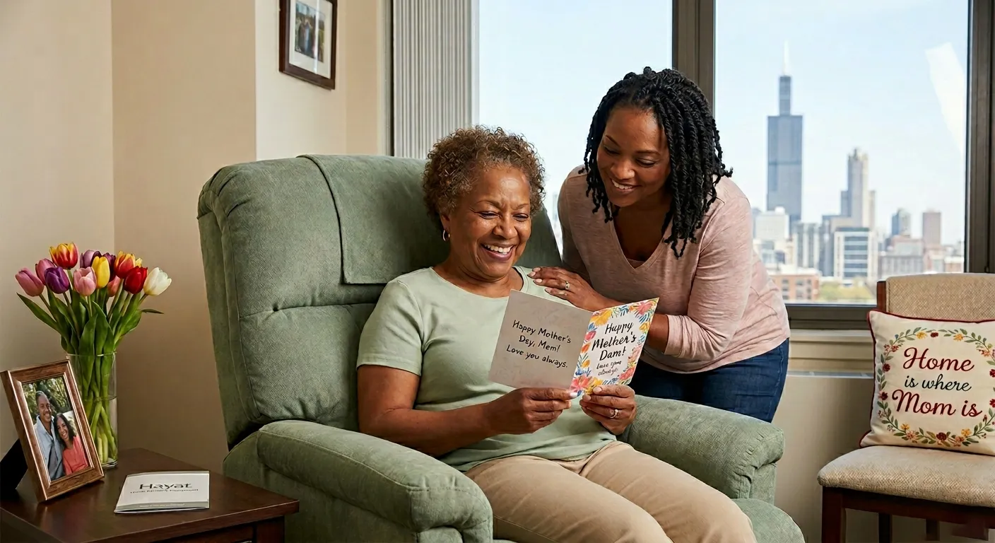 A smiling senior woman comfortably using a modern lift chair in a brightly lit Chicago living room, holding a Mother’s Day card while her adult daughter stands nearby.