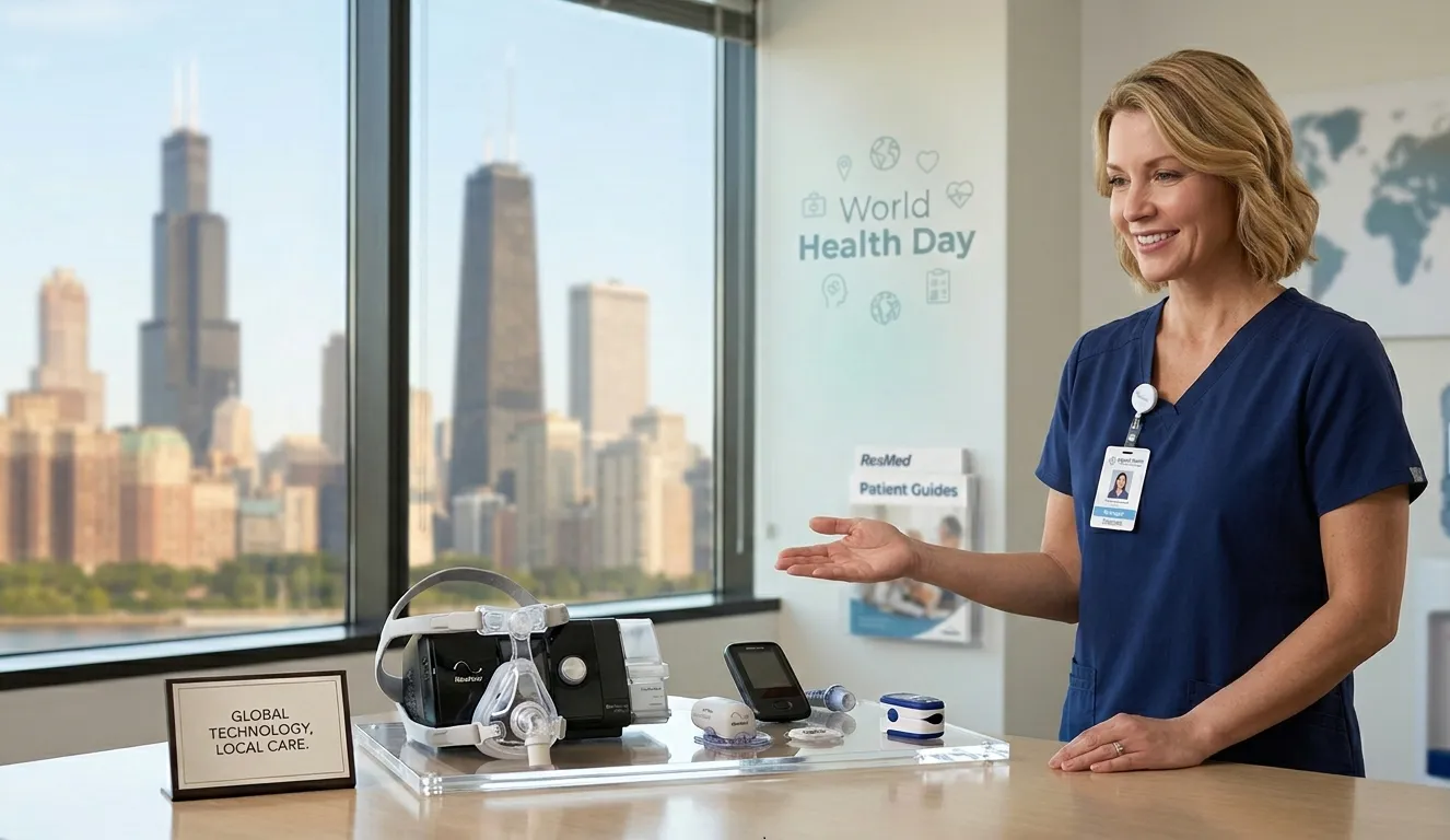 Healthcare professional in dark blue scrubs presenting a display of ResMed CPAP equipment and glucose monitoring devices. The setting is a modern Chicago office with a clear view of the city skyline and the Willis Tower in the background.