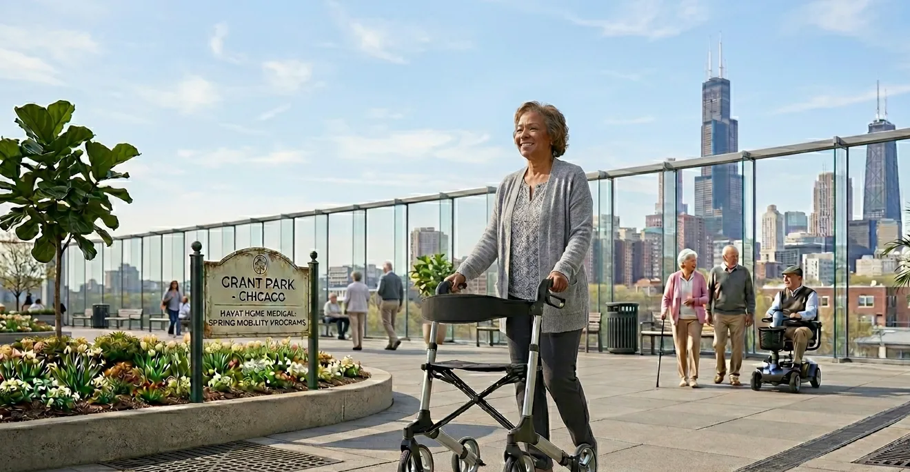 A senior African American woman smiles while using a rollator walker on a sunny Chicago terrace.
