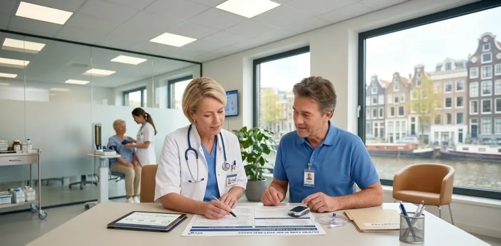 A female physician in a white coat and a male home medical specialist in a blue polo shirt collaborating over a structured patient discharge plan at a desk, with medical equipment and a tablet showing health data in the foreground.