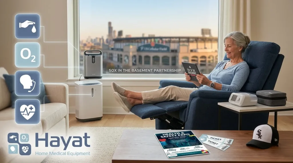Senior woman in a blue lift chair using a tablet, showcasing Hayat Home Medical Equipment respiratory solutions and the Oak Lawn Health and Safety Expo invitation.