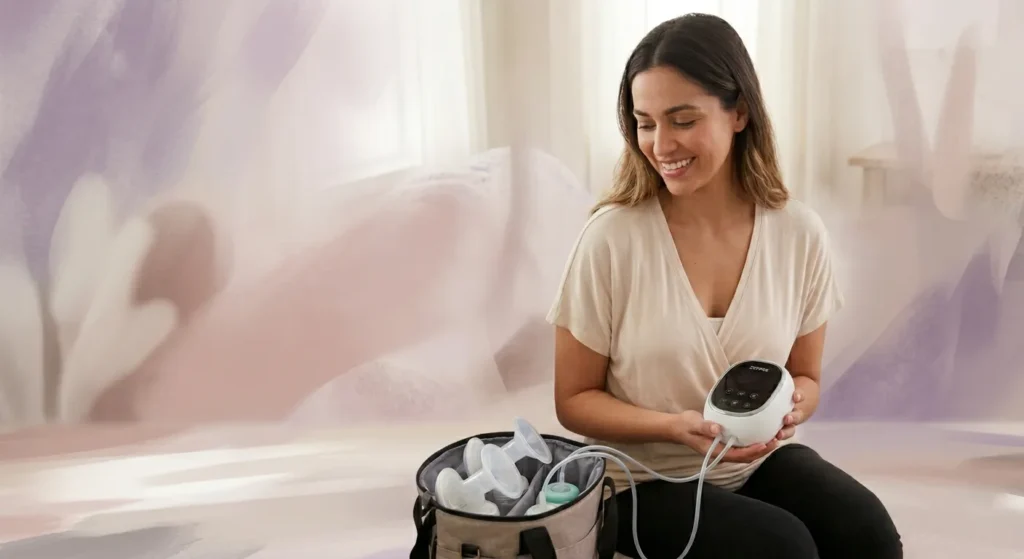 A smiling mother holding a Zomee Z1 portable breast pump against an abstract purple and cream background with maternal and medical artistic flourishes.
