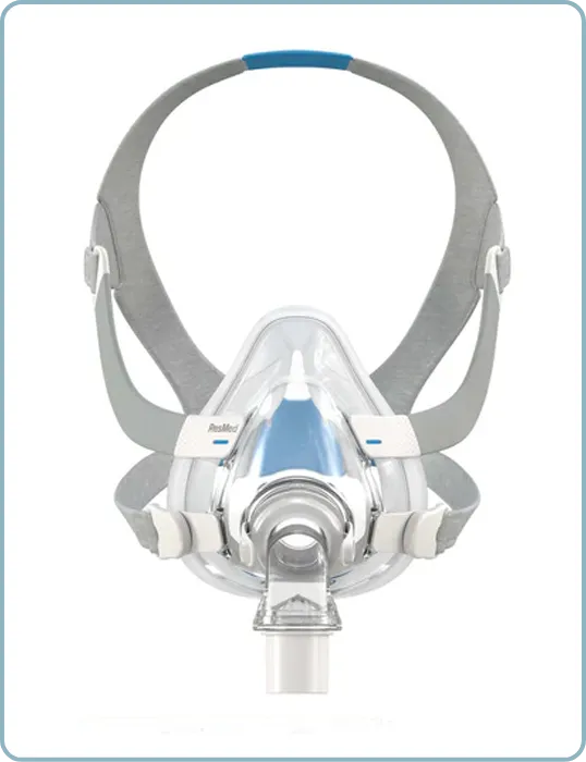 ResMed full face CPAP mask with adjustable gray headgear and clear silicone cushion, front view.