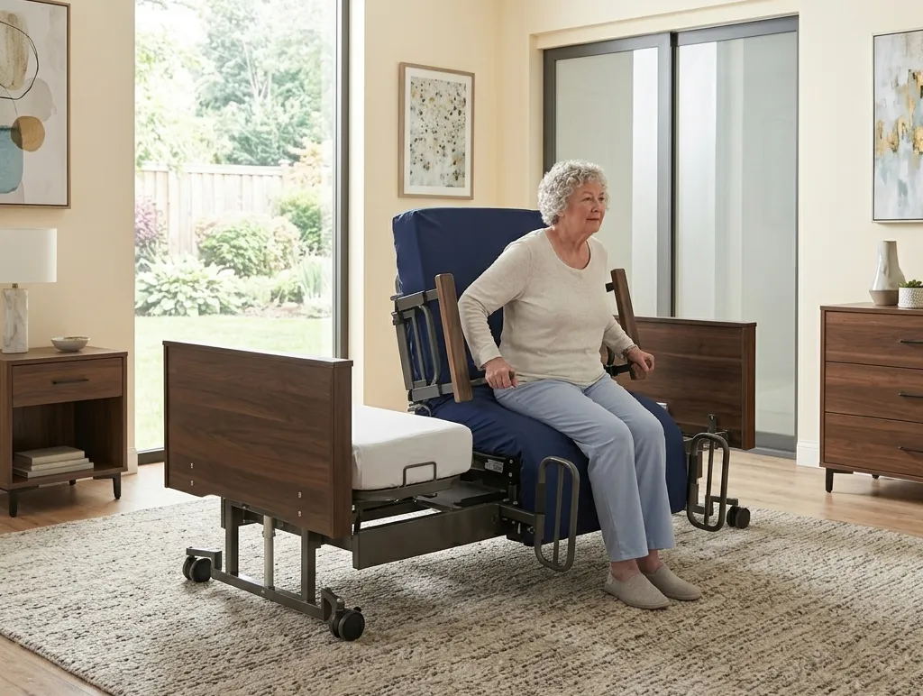 A Med-Mizer ActiveCare bed in a bright, modern home setting, demonstrating the SafeTurn technology as it rotates into a seated position to assist a senior woman with a safe and stable standing transfer.