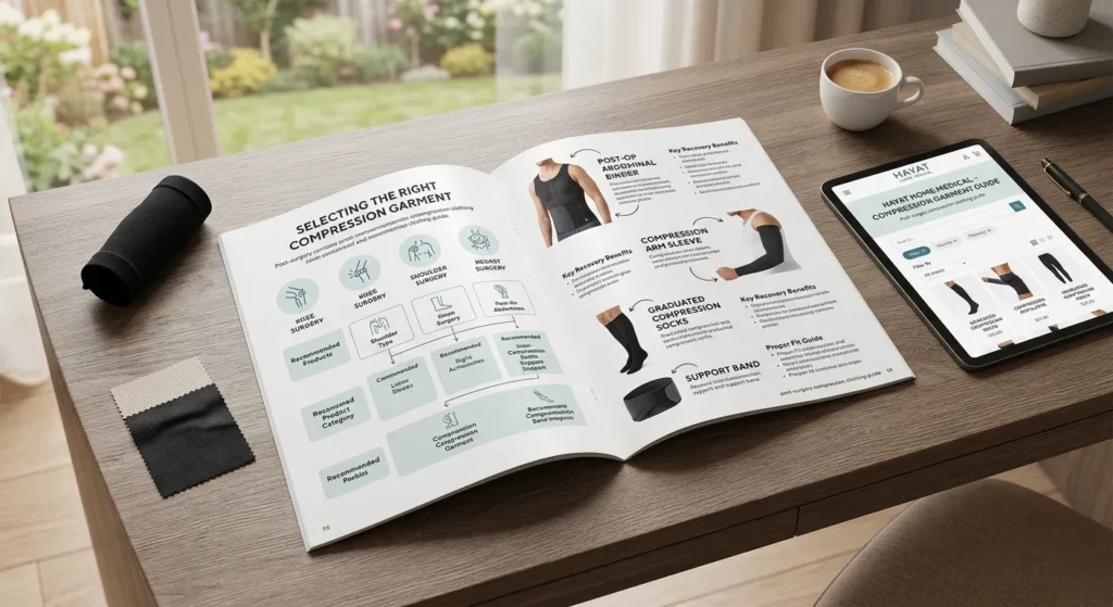 An open printed guide and tablet on a wooden desk displaying various post-surgery medical compression garments.