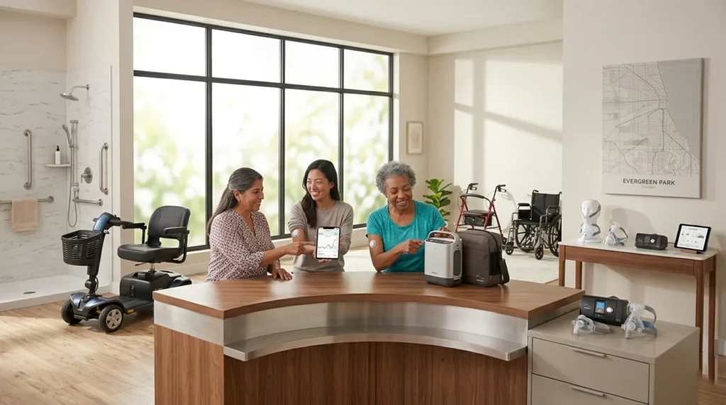 Three women of diverse ages in a professional medical setting proactively discussing health solutions including continuous glucose monitoring technology, respiratory equipment, and home mobility aids.