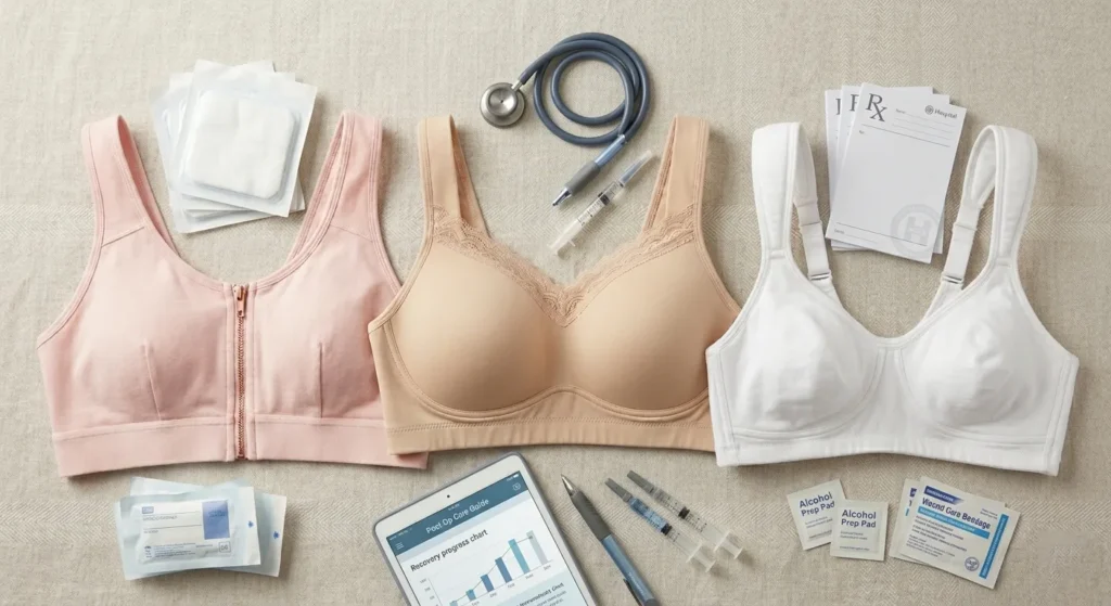 A flat lay layout of three medical post-surgical recovery bras in pink, beige, and white, arranged alongside a stethoscope, syringes, wound dressings, and a digital recovery guide.