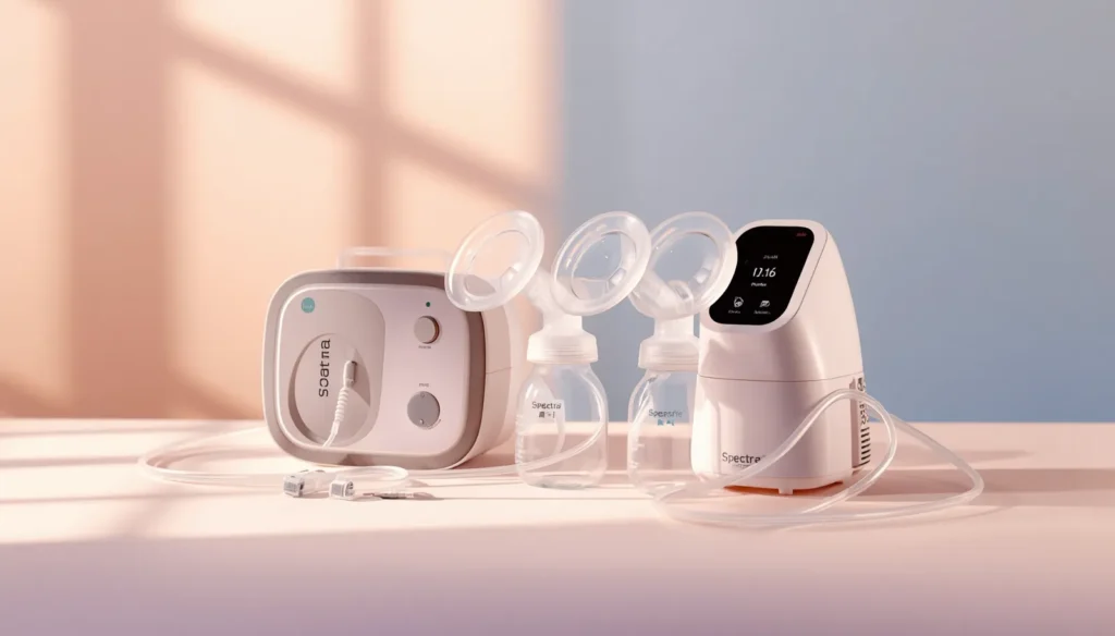 The Spectra S1 Plus hospital-grade double electric breast pump featuring its signature blue and white design, integrated nightlight, digital display, and a bottle attached to the breast shield kit